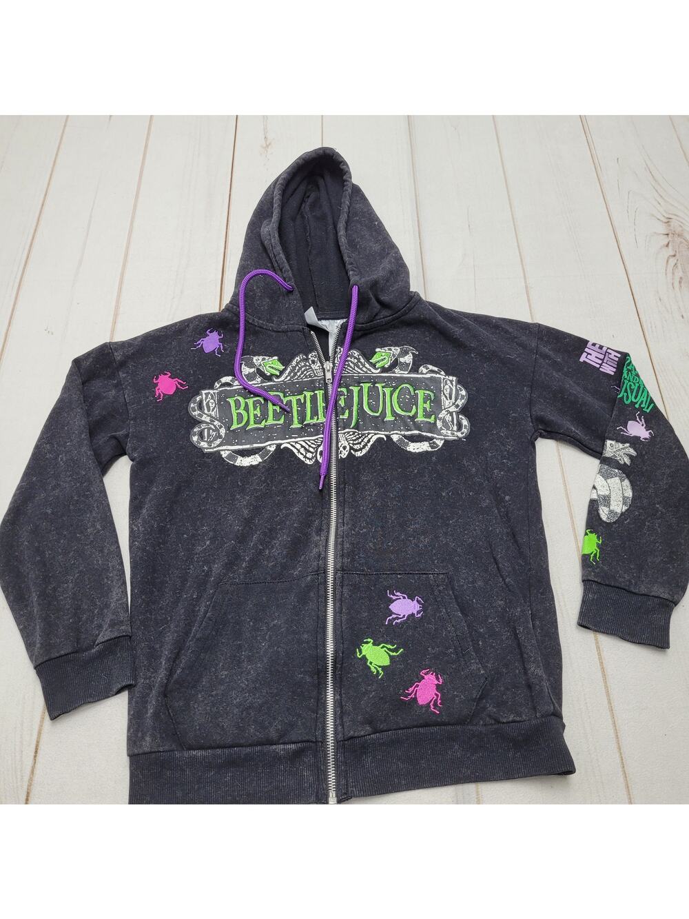 Beetlejuice embroidered hoodie jacket bugs novelty graphic grunge goth faded